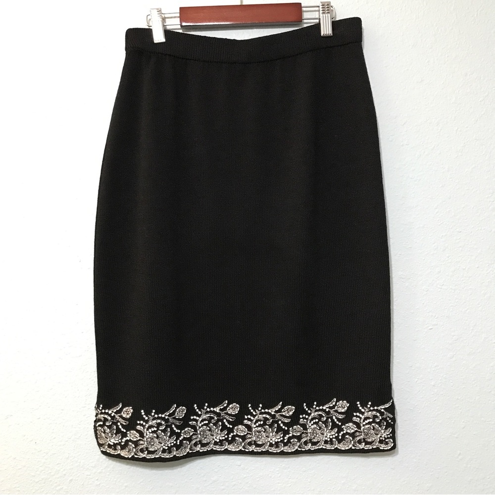 St. John Knitwear Evening Embroidered Beaded Trim Straight Black Knit Skirt 12